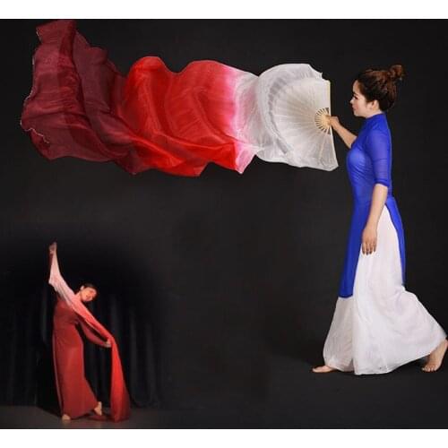 New 2pcs 1.8m=6ft Belly Dance real Silk Fan Veils 5mm Silk Flowy Gradient color Stage Performance Props Fans White-Red-Burgundy