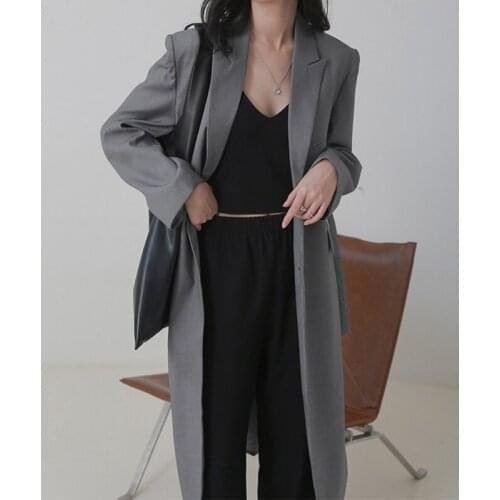 Women Jacket Blazer Grey Chic Notched Collar Waist Belt Single Breasted Casual Female Suits Fashion OfficeLady Coat High Quality