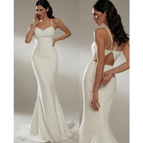 Elegant Long Mermaid V-Neck Wedding Dresses Ivory Spaghetti Strap Open Back Stretchy Satin Robes De Mariée Bridal Gown For Women