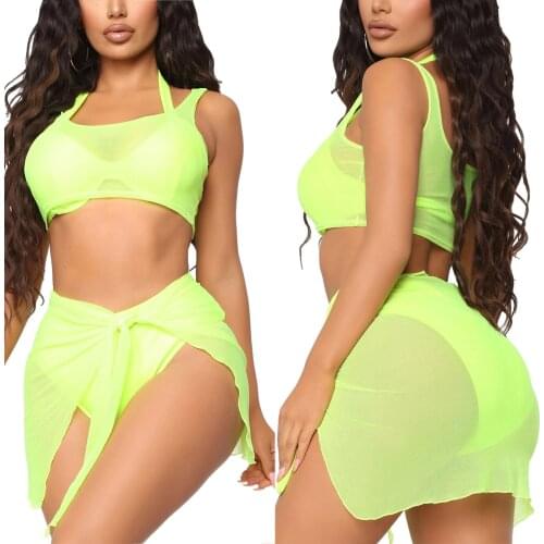 Women Sexy Bikini Beach Cover Up Solid Color Sleeveless See Through Crop Tops+Skirt Female Mujer Swimsuit Bathing Suit