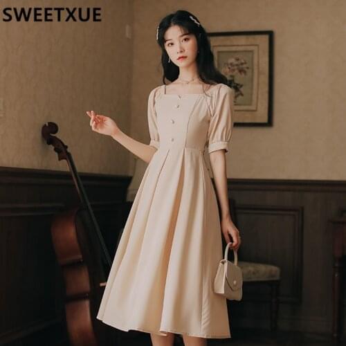 SWEETXUE 2021 Summer Women Dress Vintage Elegant French Retro Solid Color New Sweet Temperament Party Cute Kawaii Dress