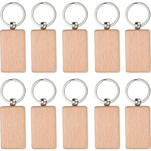 10Pcs Wooden Keyring Blank Rectangle Wood Key Chain Charm Pendant Keyring Tags for DIY Card Embellishments Scrapbooking Gifts