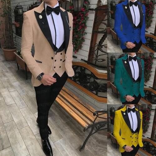 2020 Navy Blue Jacquard Mens Suits 3 Pieces Slim fit Business Blazer Groom Wedding Tuxedo Jacket Double Breasted Vest with Pants