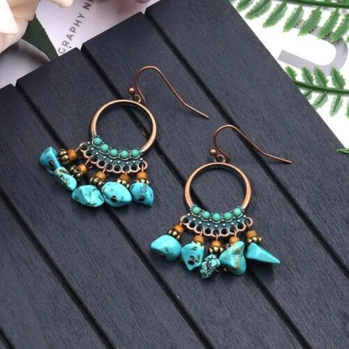 Bohemia Women Blue Stone&Wood Beads Tassel Earrings Tibetan Vintage Bronze Big Round Circle Danglers Earrings Orecchini Jewelry