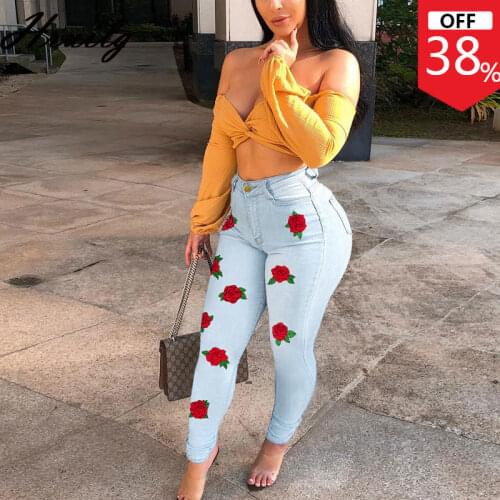 Jeans Rose Print High Waist Zipper Button Design Slim Fashion Casual Jeans for Women Party Club Streetwear Plus Size Denim Pants