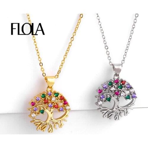 FLOLA CZ Tree Of Life Gold Necklace Rainbow Pave Long Stone Necklace Collar Arcoiris Rainbow Jewelry Zirconia Pendant nkep35