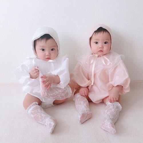 Summer Sweet Cute Twin Baby Girls Rompers Puff Sleeves Ruffle Collar Lace Jumpsuit Infant Princess Holiday Cotton Clothes White