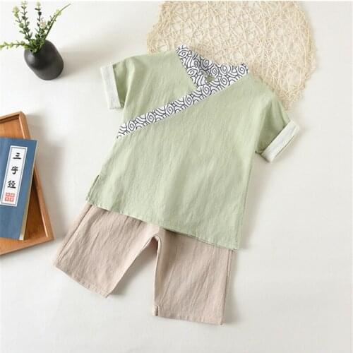 Boys retro short sleeve summer new cotton and linen suit childrens Chinese style Tang suit two-piece suit vestido chino