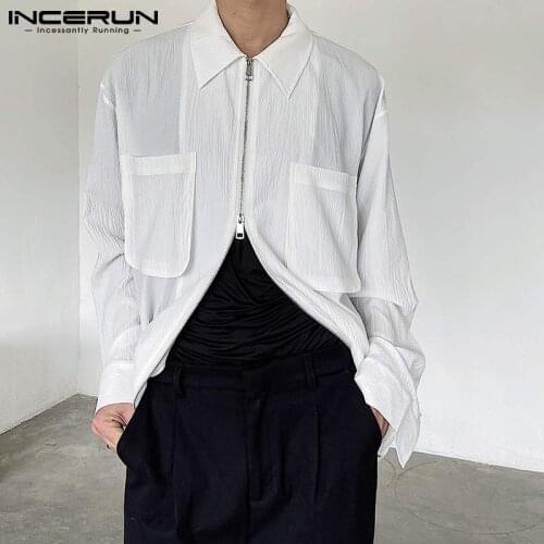 Fashion Men Shirt Lapel Zipper Streetwear Long Sleeve See Through Tops 2021 Solid Color Casual Camisa Masculina S-5XL INCERUN