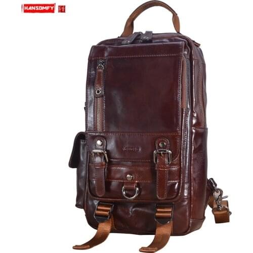 Genuine Leather Mens Bag Cowhide Men Chest Bag Casual Male Shoulder Messenger Bag Back Pack Large Capacity Ipad Chest Pack Soft