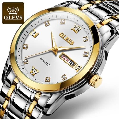 OLEVS 8691 Men Luxury Business Steel Band Waterproof Clock Watch Quartz Dual Calendar Fashion Mens Wristwatches