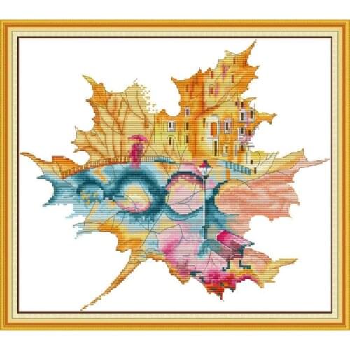 Leaf pattern cross stitch kit city landscape and maple leaf aida 14ct 11ct white cloth kit embroidery DIY handmade needlework