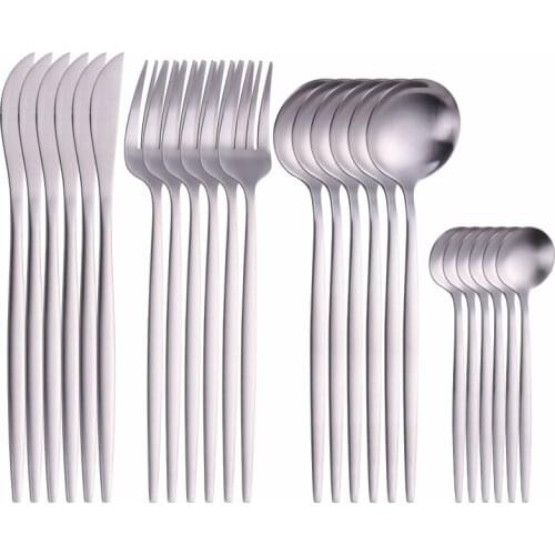 24Pcs Matte Silver Stainless Steel Cutlery Set Travel Wedding Tableware Dinnerware Dinner Flatware Set Forks Knives Spoons Set