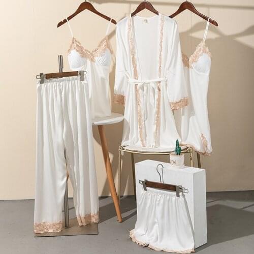 Women Pajamas Suit Satin Lace Pjs Female Five Pieces Sets Thin Sleepwear V-Neck Lingerie Robe Kimono Gown With Breast Pads