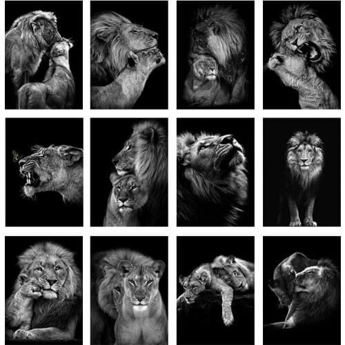 Black White Animal Lion Couple Oil Painting Canvas Art Poster and Prints Nordic Living Room Wall Picture Home Decoration Mural