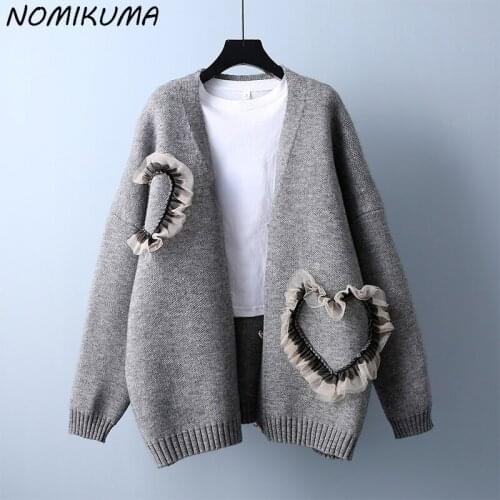 Nomikuma Causal Oversized Knitted Cardigan Chic Korean Lace Love Heart Sweater Coat 2021 Autumn Winter Women Top Knitwear 6X274