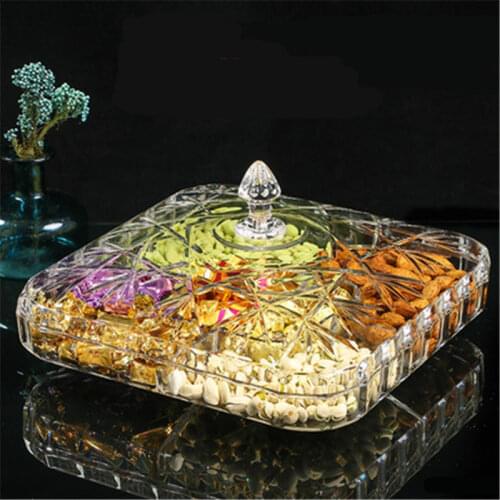 Transparent Acrylic plate fruit basin dry candy dish sugar snack nut peanut food storage can box with Cover plastic trinket tray