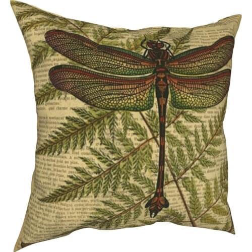 Botanical Print On Old Book Page Fern And Dragonfly Pillowcase Printed Cushion Cover Decoration Pillow Case Cover Chair Zipper