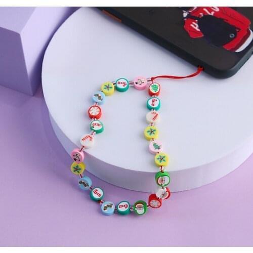 Colorful Bead Christmas Phone Chain Handmade Charm Pottery Phone Hanger CellPhone Strap Anti-Lost Lanyard Hanging Cord Jewelry