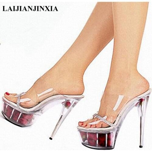 LAIJIANJINXIA 15CM High Heels Flowers Platform Sexy Slippers Nightclub Party Dancing Shoes Open Toe Women Pole Dance Shoes