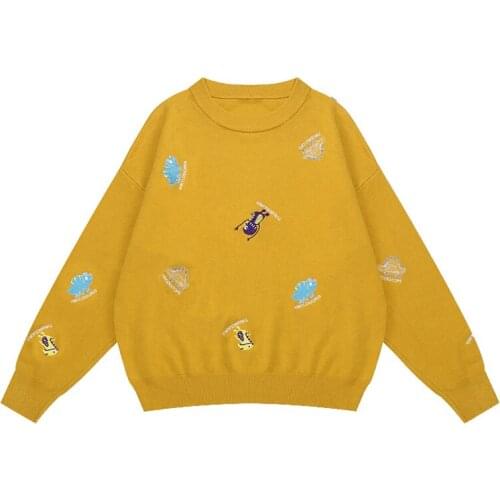 PERHAPS U Women Sweater Knitted Yellow Black Purple Pullovers Casual Winter Crew Neck Lovely Cartoon Embroidery M0111