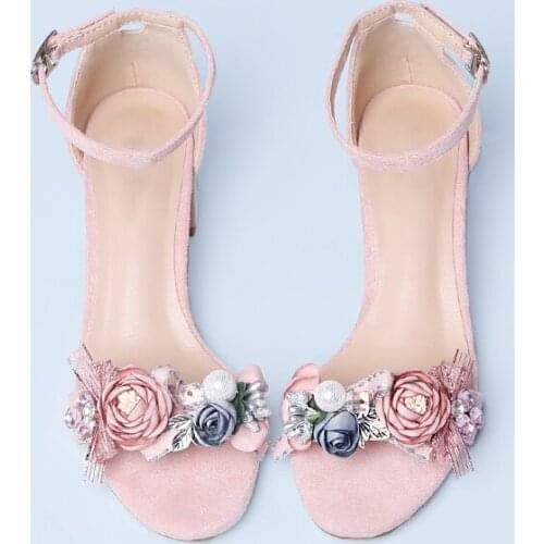 Women Sandals Floral Wedding Shoes Sweet Sandals Pink Pumps 7cm Block High Heels Bride Shoes Ladies Ankle Strap Plus Size 43
