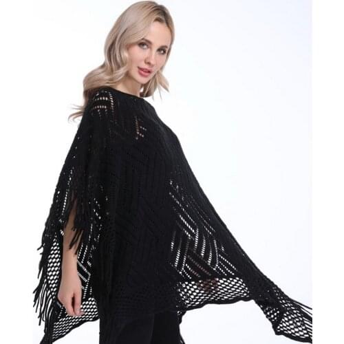 Womens Lightweight Boat Neckline Poncho Loose Sweater Tassels Top with Fringed Sides and Hollowed Patterns