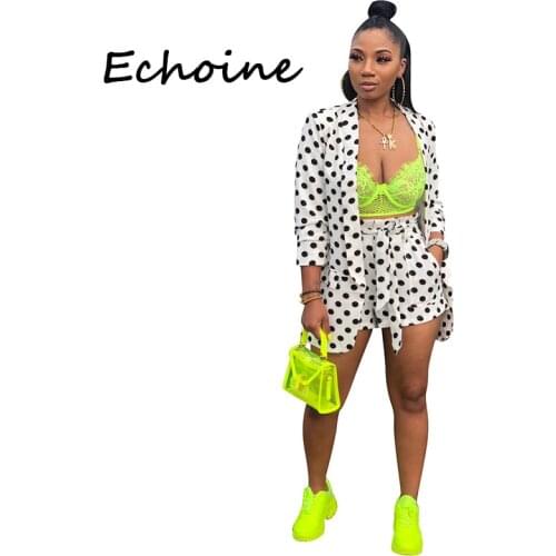 Echoine Dot Print 2 Piece Set Women Long Sleeve jackets Coat + Bandage Short Pants high waist Office Lady Women Clothes 2019