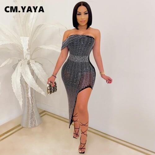 CM.YAYA Women Hot Rehinestones Splicing Strapless High Slit Bodycon Midi Dress Party Sexy Short Sleeve Maxi Irregular Dresses