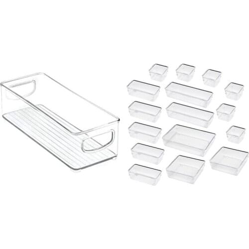 1x Stackable Plastic Food Storage Bin with Handles & 16PC Drawer Storage Box Cosmetic Bathroom Drawer Storage Box