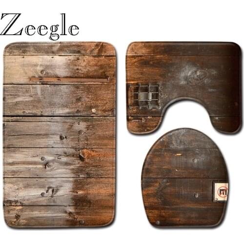 3PCS Wood Grain Toilet Rugs Bath Mat Set Bathroom Carpet Rug Memery Foam Toilet Seat Cover Mat Non-slip Toilet Floor Mats