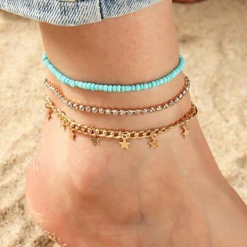 3PCS/SET Bohemian Color Multilayer Anklet Women Mixed Star Shinning Pendant Summer Beach Casual Jewelry Friendship Gift