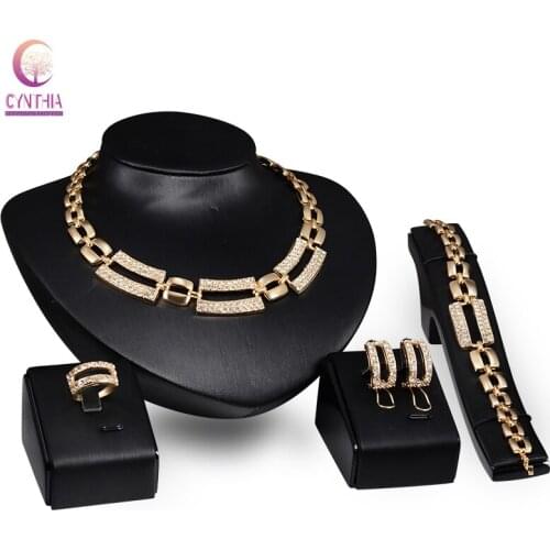 African Costume gold color Fashion Crystal Rhinestone Wedding Bridal Necklace Bracelet Earrings Ring Jewelry Sets