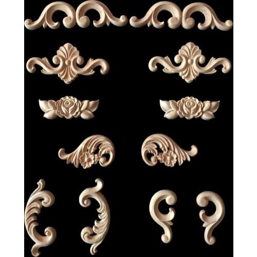 Wood Applique Carved Decal Corner Floral Onlay Applique Frame for Wall Doors Cabinet Furniture Decorative Figurines