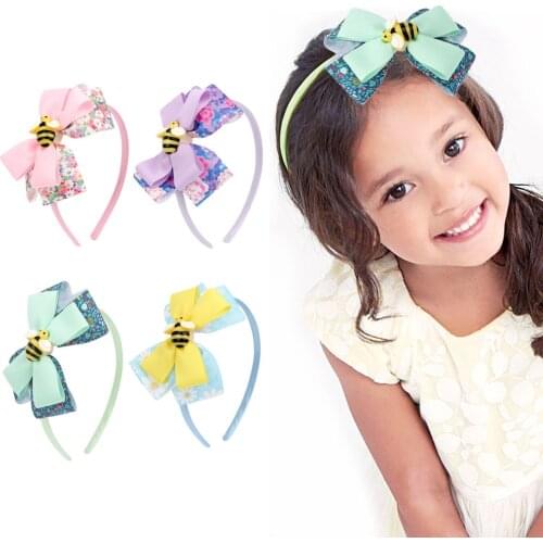 Double Satin Ribbon Bow Hair Band Printing For Gilrs BACK TO SCHOOL Handmade Headband Bee Accessories cerchietto capelli
