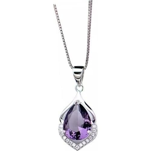 Enes Store Silver Amethyst Cubic Zirconia Water Drop Lady Silver Necklace