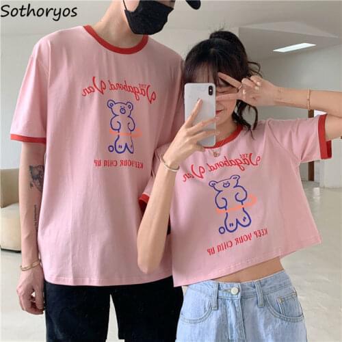 Short Sleeve T-shirts Women Couples All-match Summer Fashion Slim Tops Korean Style Sweet Kawaii Leisure Letter Printed Harajuku