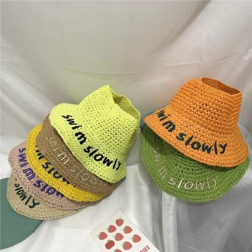 Summer new hand-knitted embroidery letters childrens sun hat children baby hit color empty top hat outdoor beach straw hat