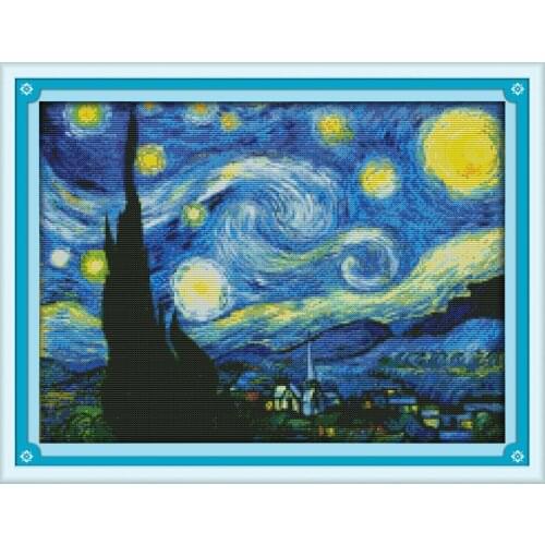 The Starry Night of Van Gogh Scenery Cross Stitch Kits Set Printed Cotton Embroidery DIY Handmade Needlework Wall Home Decor