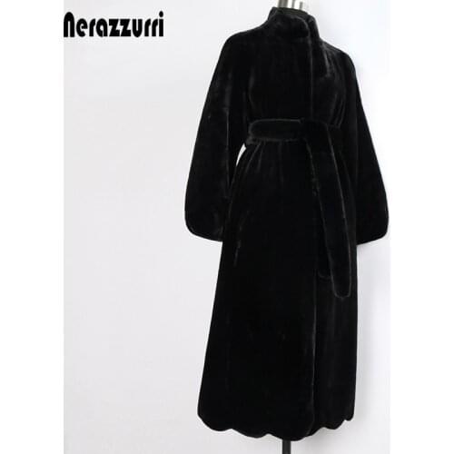 Nerazzurri Long fluffy warm black faux fur coat women stand collar belt Winter clothes women 2020 Sheared mink overcoat women