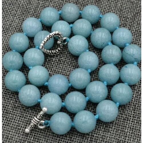 New12mm Brazil natural Aquamarine Gem Necklace 18 "Tibetan silver love clasps jade