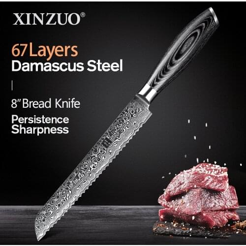 XINZUO 8" Bread Knife 67 Layers Japanese Damascus Stainless Steel High Quality VG10 Cake Knife Kitchen Knives Pakka Wood Handle