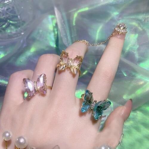 Transparent Acrylic Butterfly Fashion Ring Adjustable Bohemian Rhinestone Open Finger Women Summer Beach jewelry