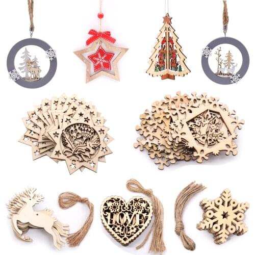 Christmas Wooden Pendants DIY Wood Crafts Star&Heart Xmas Tree Hanging Ornaments Christmas Party For Kids Gift Home Decorations