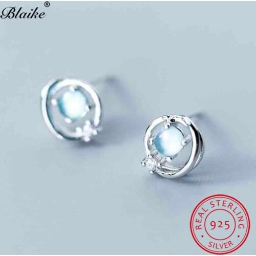 S925 Sterling Silver Moonstone Earrings Round Crystal Stud Earrings For Women Wedding Fine Jewelry Clear Stone Earrings Party