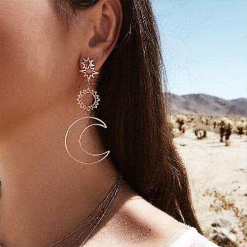 Star Moon Earrings Asymmetrical Flowers Long Big Vintage Earrings for Women Gold Color Geometric Statement Earring Jewelry