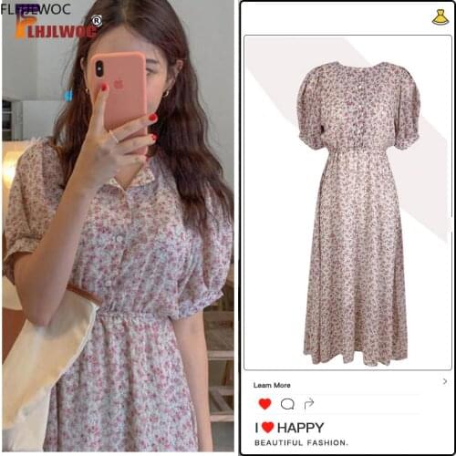 Floral Print Chiffon Long Dress Summer Slim Waist A Line Japan Korea Chic Fashion Women Vintage Dress Cute Vestidos