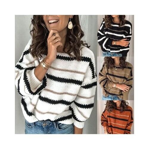 Autumn and Winter New Womens Stitching Metal Striped Sweater Pullover Office Lady Commuter Loose Sweater Women