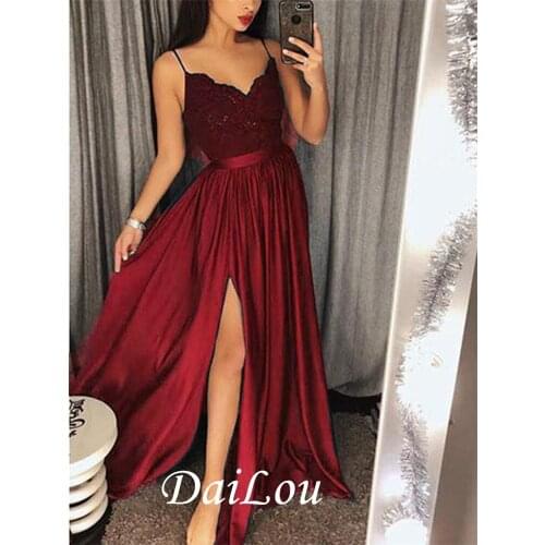 A-Line Floor-Length Sleeveless Satin Spaghetti Straps Appliques Burgundy Prom Dress With 2021