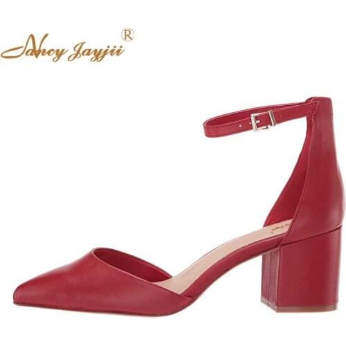 Nancyjayjii Mid Block Heels Two Pieces Burgundy Red Pumps Sexy Narrow Ankle Buckle Strap Spring Party Dress Women Shoes 2019